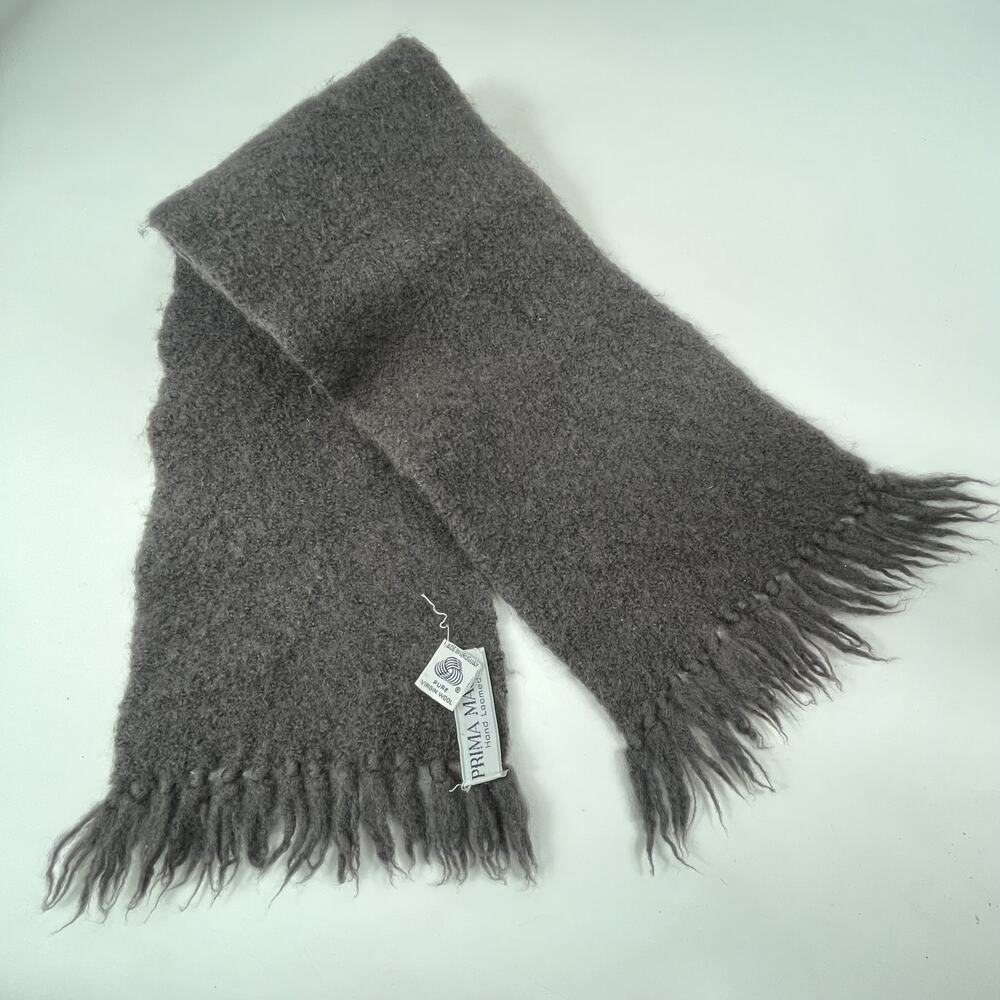 Prima Maglia Unisex Scarf Gray Pure Virgin Wool Hand Loomed Winter Fringe 8x42